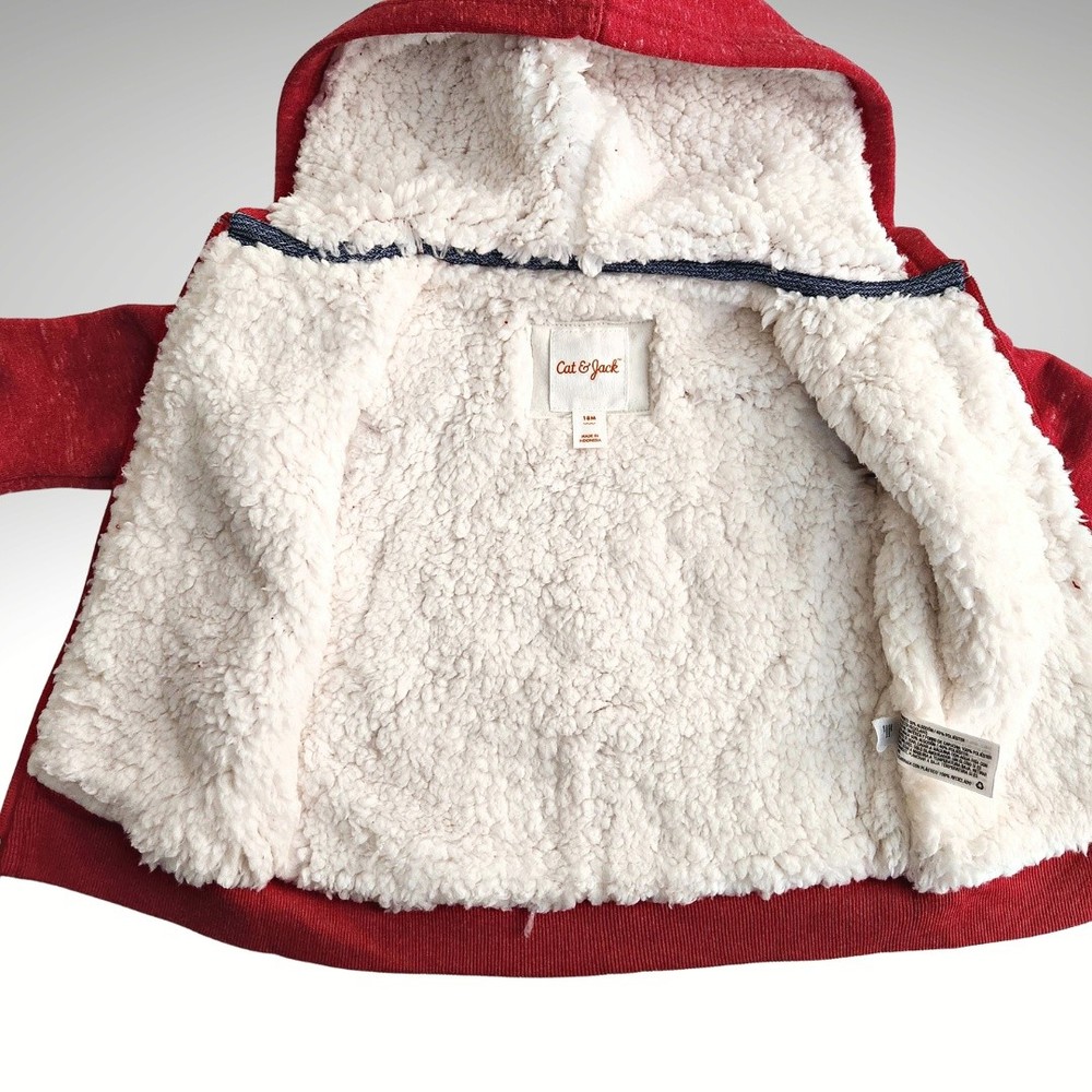 Unisex Red Sherpa Lined Zip-Up Hoodie Jacket - Cat & Jack Red 18M New with Tags - Picture 6 of 9